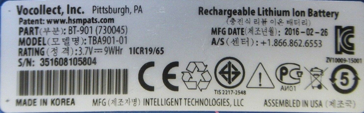 3Original Vocollect Rechargeable Lithium 3.7V 9Whr 2400mAh Battery BT-901 730045