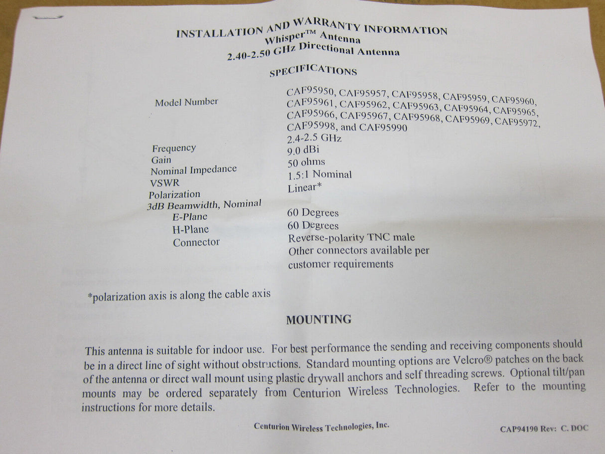 Centurion Wireless Tech Liner 2.4GHz Whisper Directional Indoor Antenna CAF95950