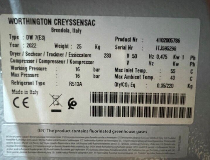 Worthington Creyssensac DW 7 Air Dryer 42CFM 72M3/H 16-Bar 1-Phase 4102005786