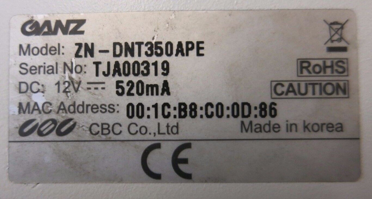 Ganz ZN-DNT350APE Colour PoE IP Network Security Dome Camera