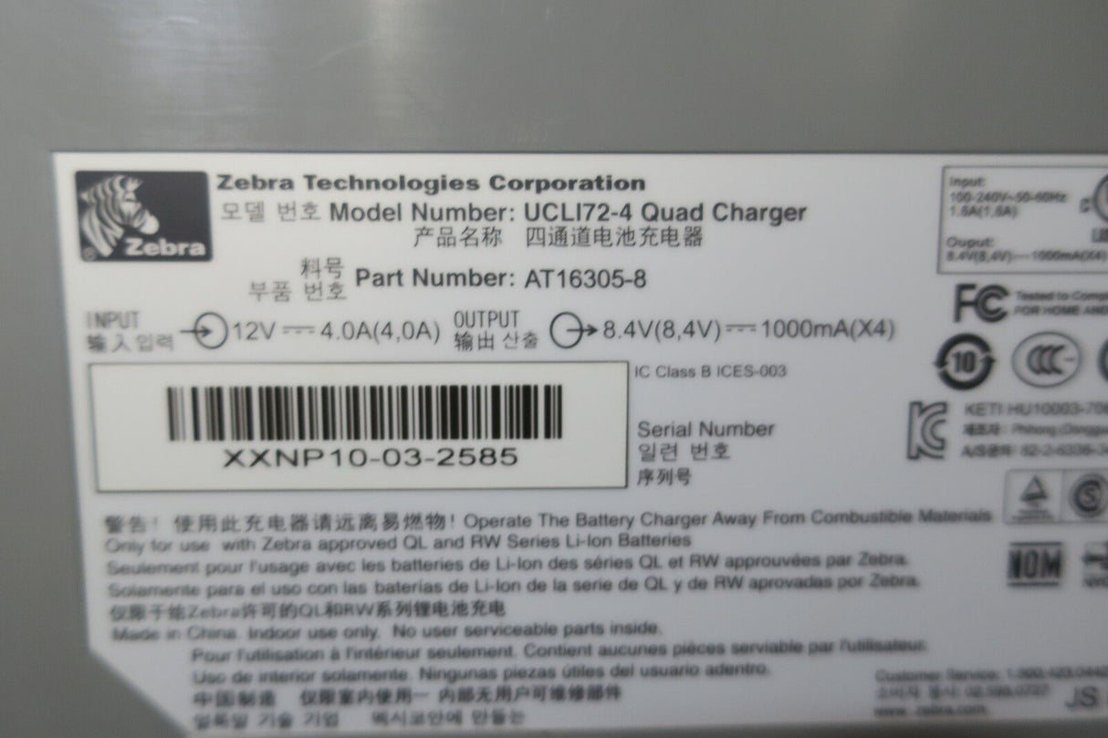 Zebra UCLI72-4 AT16305-08 4 Slot QL RW Thermal Printer Quad Battery Charger