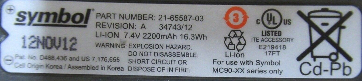 Symbol original 21-65587-03 7.4V 2200mAh 16.3Wh Battery For MC9000 Series