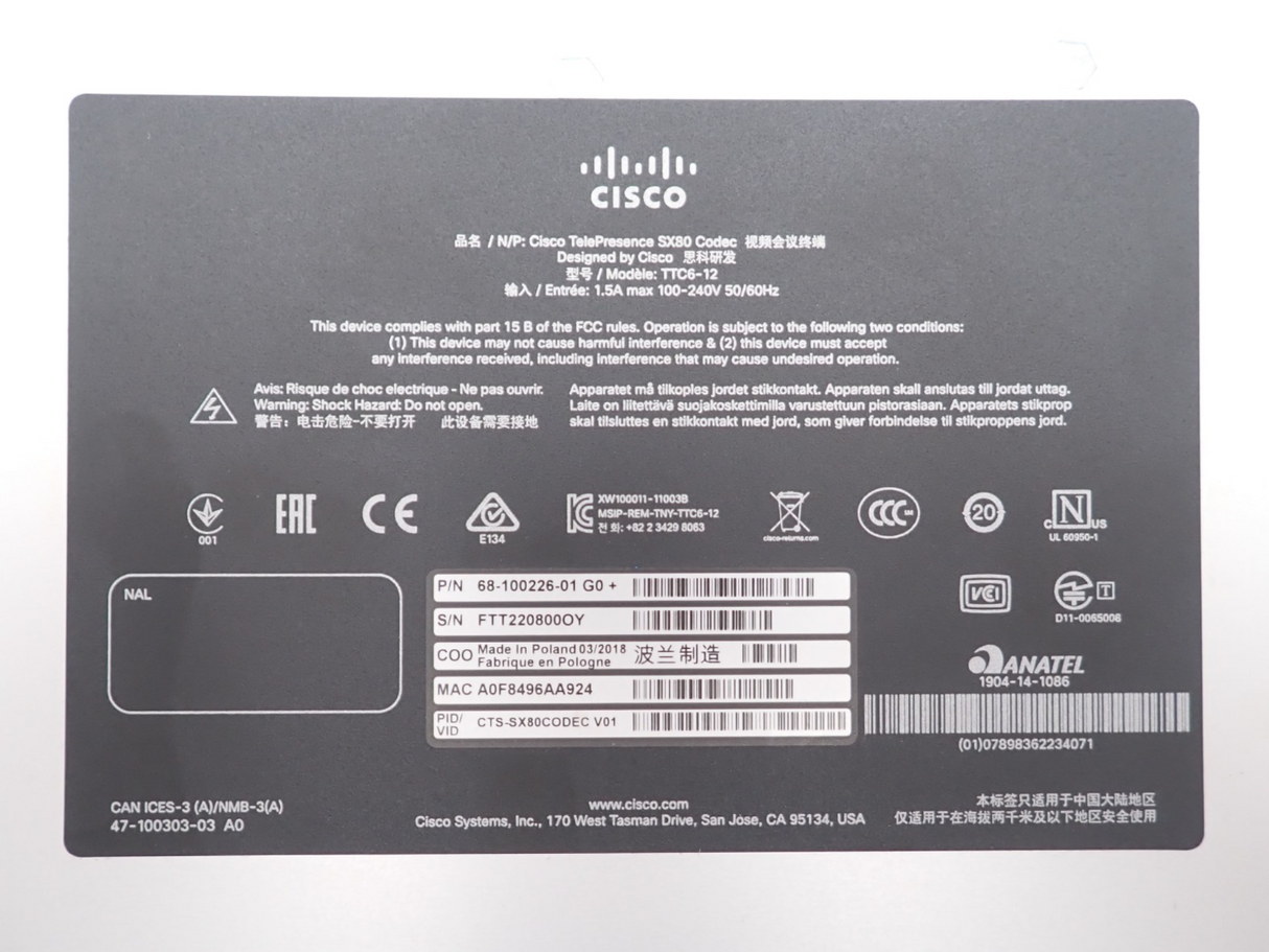 Cisco TTC6 12 68 100226 01 TelePresence SX80 Codec Video Conference System6