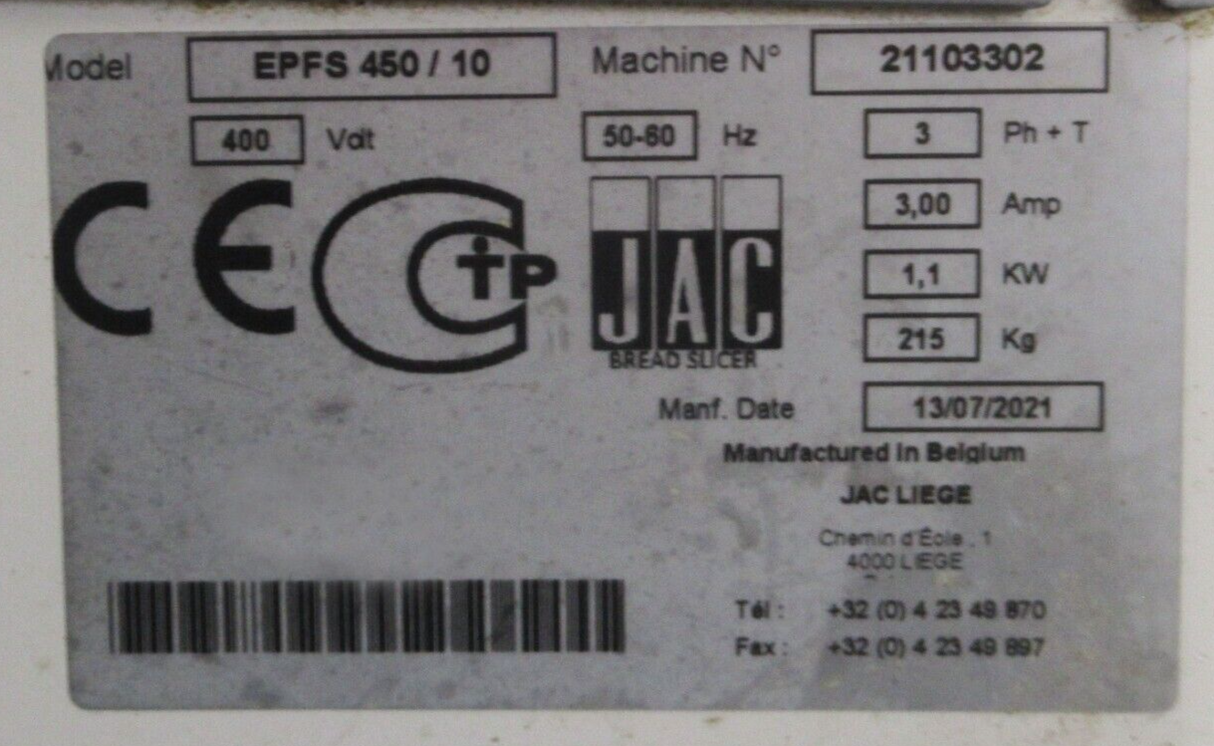 JAC Eco+ 450 Freestanding 10mm Automatic Bakery Bread Loaf Slicer 3-Phase 400V