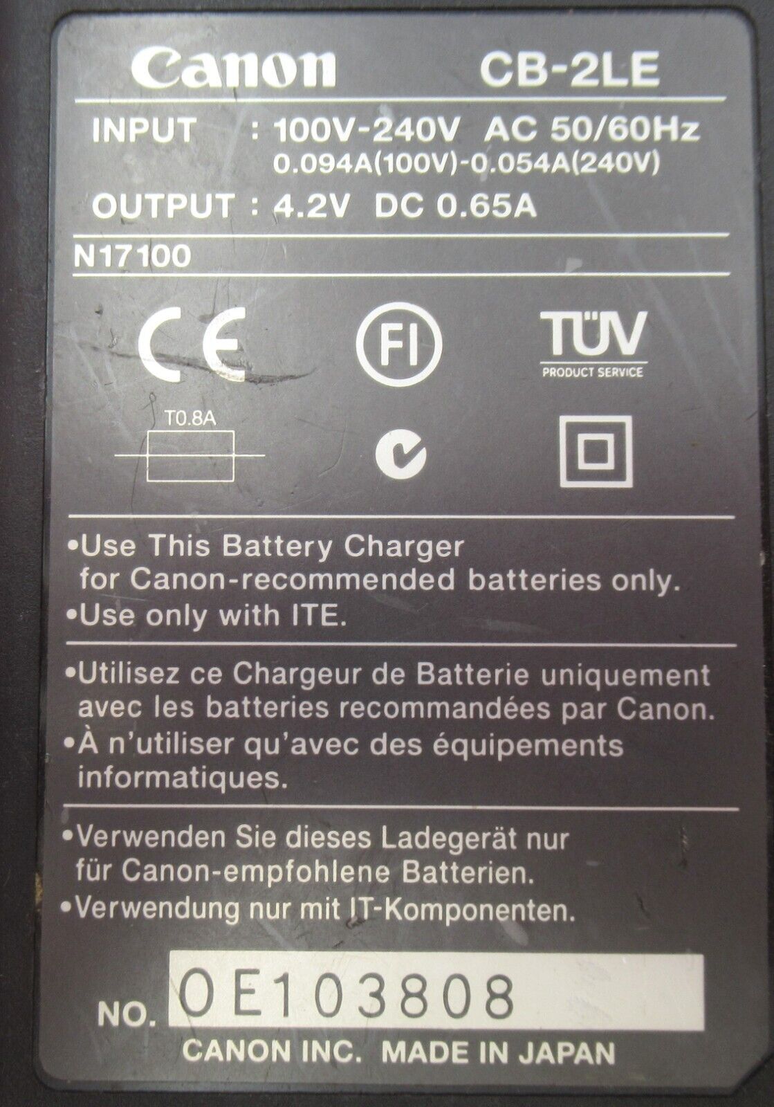 Canon Battery Charger for Digital Camera Ixus 110-240v 4.2v/8.4v 600mAh - CB2LE