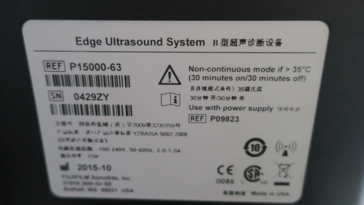 SonoSite Edge Portable Ultrasound 2D MMode Doppler P1500063 + HLF38x/136Mhz22