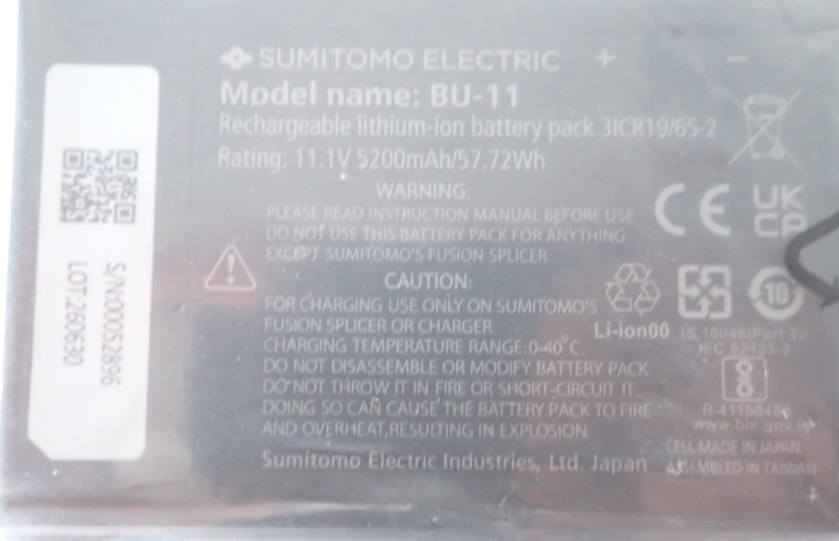 New Sumitomo BU 11 Li ion Battery Pack 4600mAh 57.72Wh 11.1V For Fusion Splicers4