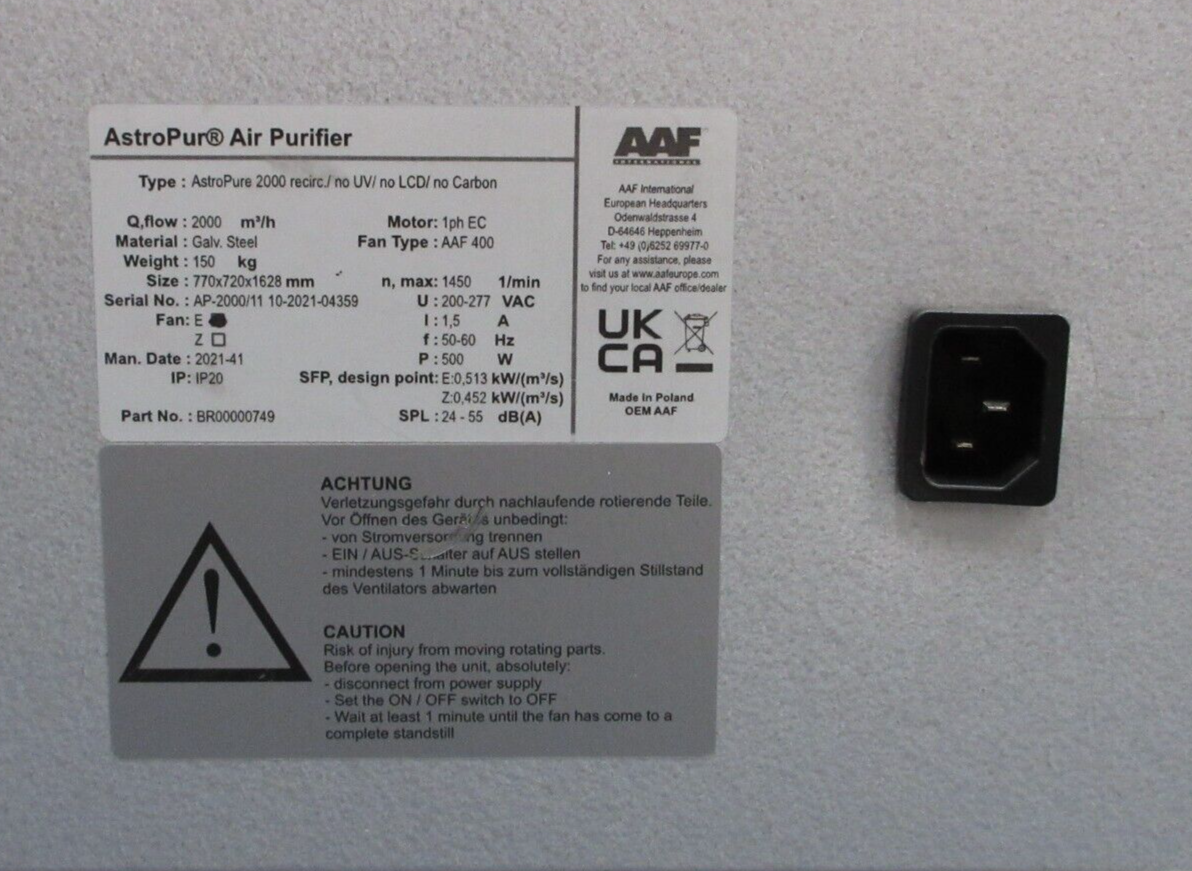 AAF AstroPure 2000 Luftreinigerfilter HEPA Filtrarion Vorfilter 2000m3/h 240v