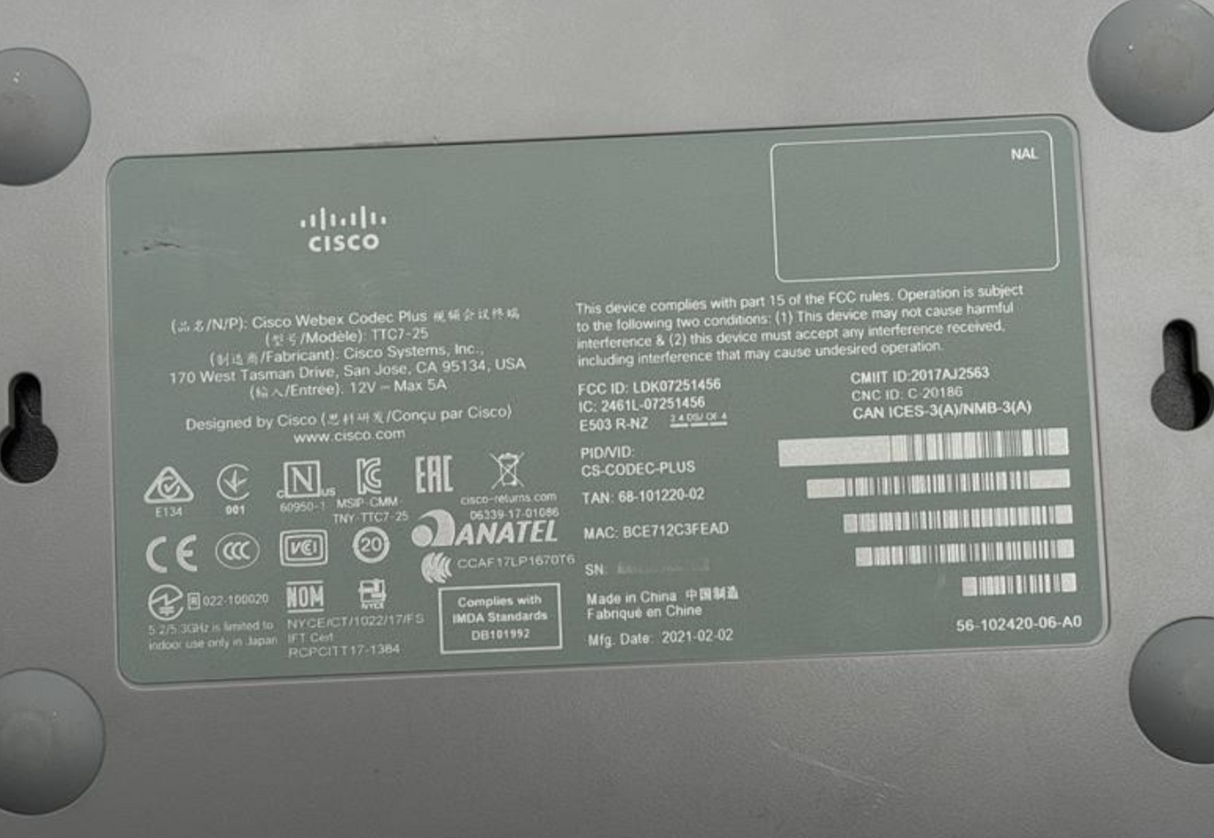 Cisco Webex CS CODEC PLUS 4K Dual Screen Video Conferencing Unit TTC7 253