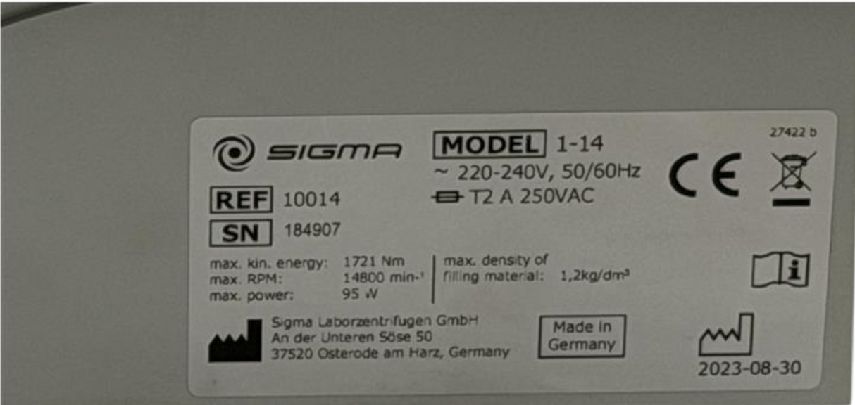 Sigma 1 14 Compact Microcentrifuge 14800RPM 16163XG + Rotor 12094 24x2ml 100146